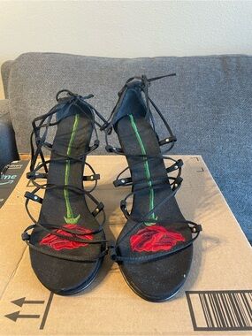 Beverly Feldman Lace-Up Heels with Red Rose Embroidery